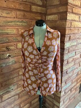 Free People Sheer Blouse with Pink Daisies